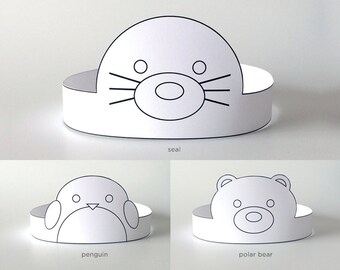 Coloring Face Masks/Costumes, DIY Birthday Party Supplies for Kids/Toddlers, Paper Crowns/Hats | Arctic Animals: Penguin, Polar Bear, Seal