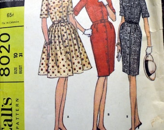 Vintage 1960's Sewing Pattern McCall's 8020 Misses' Dress with Slim or Full Skirt Size 10 Bust 31 inches Complete