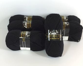 Emu Superwash Wool Yarn, Double Knitting Wool Yarn, Black Wool, 6 Skeins Discontinued Emu Wool Yarn, Pure New Wool