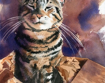 Brown Tabby Cat art Print of my watercolor painting Cat in a Box