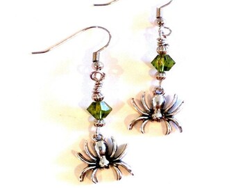 Spider earrings olive crystal Handmade Gift