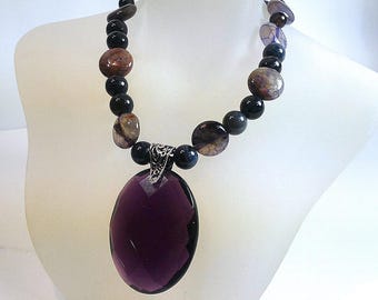 Purple and Black Agate Necklace, Sterling Silver Necklace, Gemstone Necklace, Purple Glass Pendant Necklace, Toggle Necklace, Gift for Her