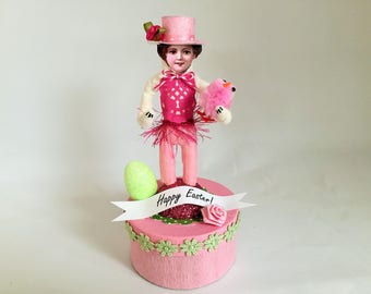 Ostern gesponnen Baumwolle junge Vintage-Stil gesponnen Baumwolle junge w/Küken 5" Figur auf Geschenk-box