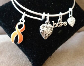 Multiple Sclerosis / Leukemia Awareness Support Orange Ribbon Charm Bangle Bracelet