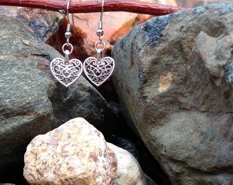 Silver Heart Filigree Dangle Earrings