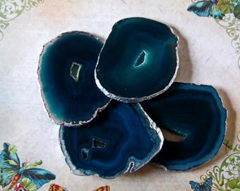 Large Teal Agate Slice Gemstone Coasters Silver Leaf Edge