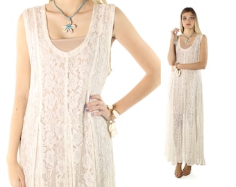 Vintage 90s Sheer Lace Dress Sleeveless Ivory Full Tea Length Skirt 1990s Large L Essa Donna