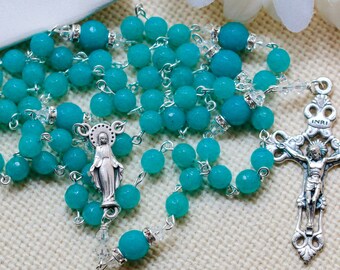 Catholic Aqua Jade Rosary in Silver