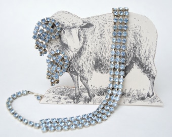 Vintage Light Blue Rhinestone Necklace Set . Matching Earrings . Glass Rhinestones . Pale Blue