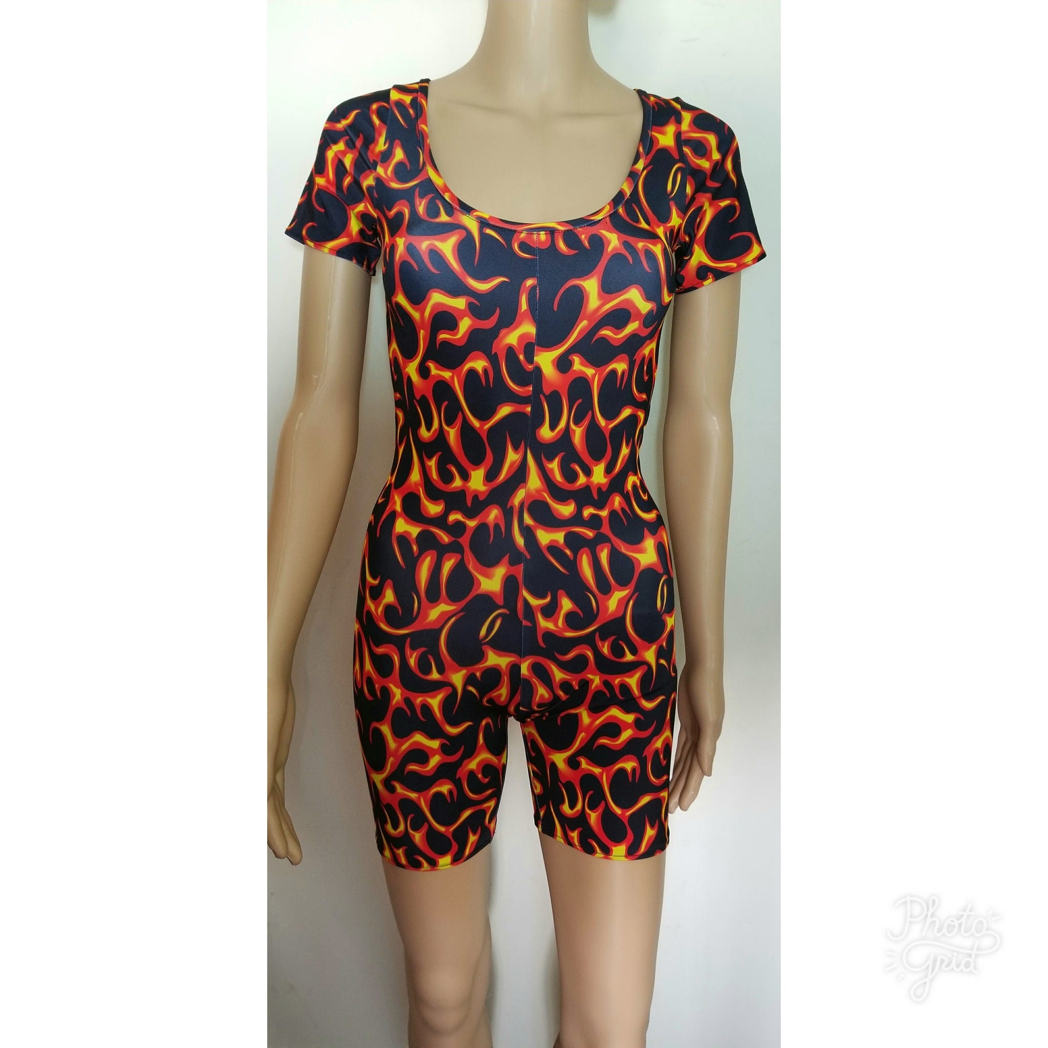 Fire flame print short catsuit/ bodysuit with short sleeves
