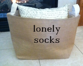 lined burlap lonely socks basket , burlap storage tote