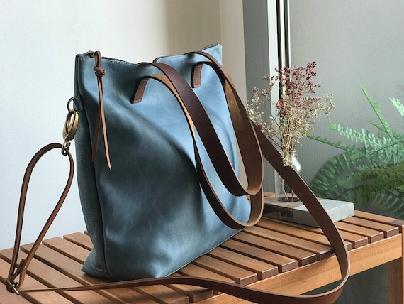 Large Blue Leather bag with zip and inside lining. Handmade.
