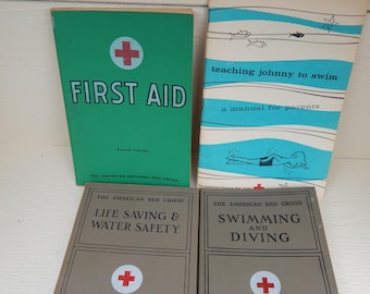 American Red Cross First Aid, Swimming and Diving, Life Saving & Water Safety, Teach Johnny to Swim, Vintage First Aid Books 1930s 1950s
