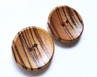 eco friendly golden brown and dark brown striped wood buttons--matching lot of 2