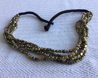 Chunky Golden Metal Six Strings Statement Necklace With Black Cord
