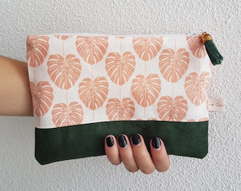 Monstera leafs, toiletries bag green nature, small size cotton pouch, beauty bag, make-up bag