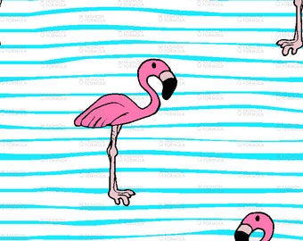 Flamingos on Blue Stripes Fabric by littlearrowdesigncompany - Cotton/ Polyester/ Jersey/ Canvas/ Digital Printed