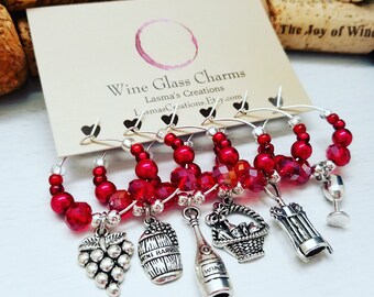 6 WINE CHARMS, Housewarming Hostess Gift - Wine Glass Charms, Vineyard Theme Birthday Favors, Wine Decor, Wine Lover Gift, LasmasCreations