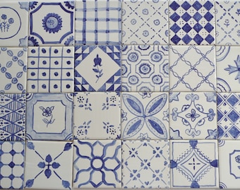Blue and White French Country majolica patchwork ceramic tiles 4 x 4