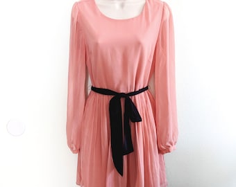 Vintage Rose Chiffon Midi Dress with Tie Belt - S/M