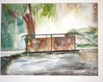 A walk in Vieux-la-Romaine, Countryside of Normandy, Watercolor, Old bridge