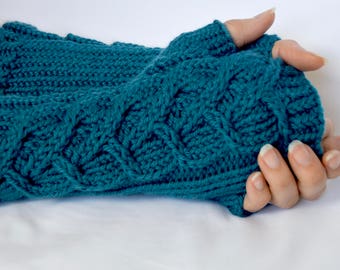 DISCONTINUED Blue Wool Cable Knit Fingerless Gloves, Wool Wrist Warmers, Arm Warmers, Half Finger Gloves Limited Edition