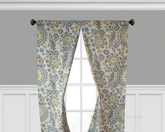 Gray Blue Yellow Curtains Window Treatments Floral Curtain