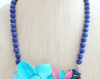 Collage Necklace, Flower Necklace, Statement Necklace, Blue Necklace, Daisy Necklace, Upcycled Necklace, Upcycled Jewelry, Recycled Jewelry