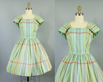 1950s plaid cotton dress/ 50s sailor collar sundress/ medium