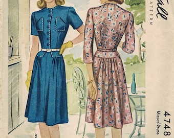 1940s McCall 4748 Vintage Sewing Pattern Misses Dress Size 14 Bust 32