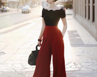 Rockabilly Scalloped white top, black , red of the shoulder top