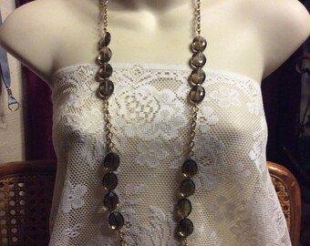 Vintage 1970's gold chain links green faceted glass beads necklace .
