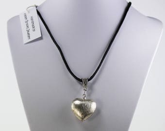 Brushed Silver Heart Pendant Necklace on Black Cord