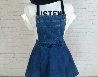 Vintage 90s denim overall dress with pleather straps size M