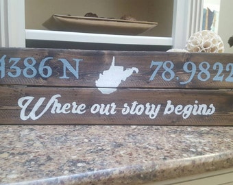 Latitude longitude sign, house sign, farmhouse sign, wedding sign, kitchen sign, custom wooden sign, pallet sign, state sign, reclaimed