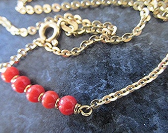 Coral necklace coral choker gold choker gold necklace 18ct gold necklace coral bead necklace 70s vintage necklace jewelry gift.