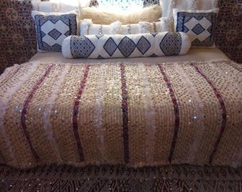 Beautiful vintage Moroccan wedding blanket , sequined handira.