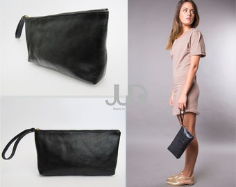 Black leather zipper clutch - soft leather purse- wristlet cash envelope - wallet- large wallet- zipper pouch- black leather bag