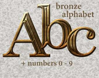 Bronze metal alphabet clipart, printable digital metal font with uppercase and lowercase letters and numbers; for commercial use