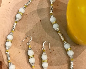 White and Yellow Necklace and Earring Set Made with Glass Beads and Swarovski Crystals