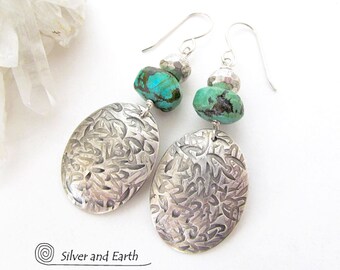 Handmade Sterling Silver Earrings with Turquoise & Pyrite Stones, Natural Turquoise Earrings, Organic Earthy Modern Artisan Silver Jewelry