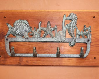 Nautical Bath Towel Hook Rack Ocean Bronze-look Design, Handmade in USA, Reclaimed 100 Year Old Wood, The Country Hookers, CH-8