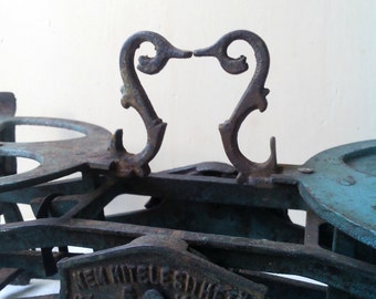 Antique Market cast iron Scale With brass Pans- Antique patina blue Cast Iron Kitchen Scale - Antique Market Scale