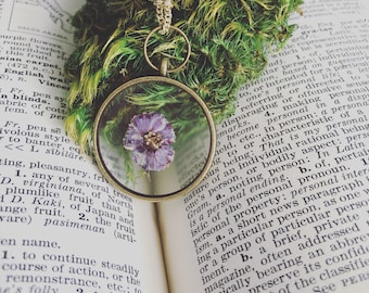 Dried flower botanical necklace, real preserved purple flower