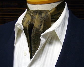 Vintage Paisley Silk Ascot - Black Pattern Over Olive Green
