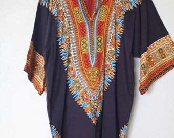 vintage dashiki navy blue gold batik tunic top swim cover