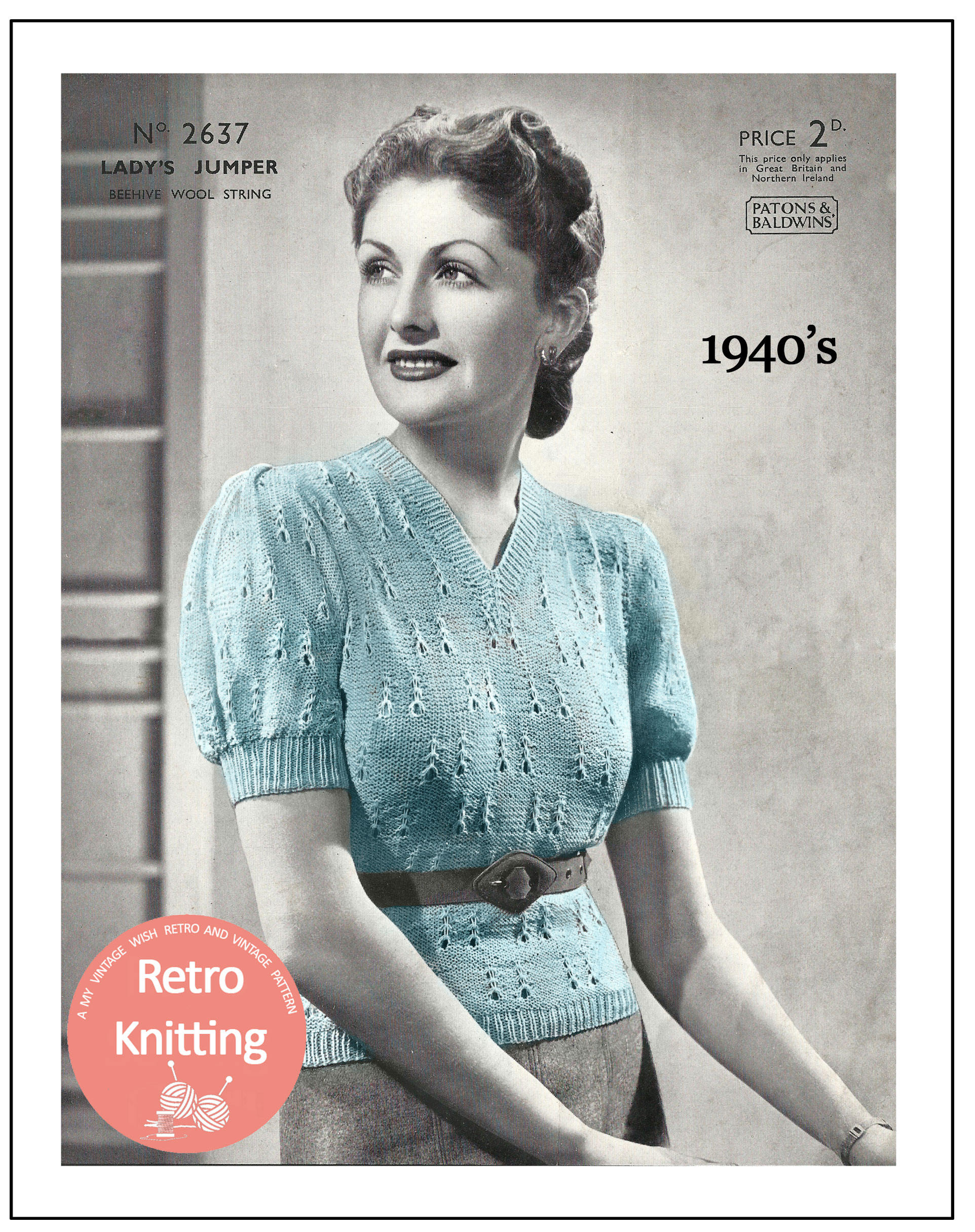 1940s Lady's V-Neck Sweater Vintage Knitting Pattern PDF