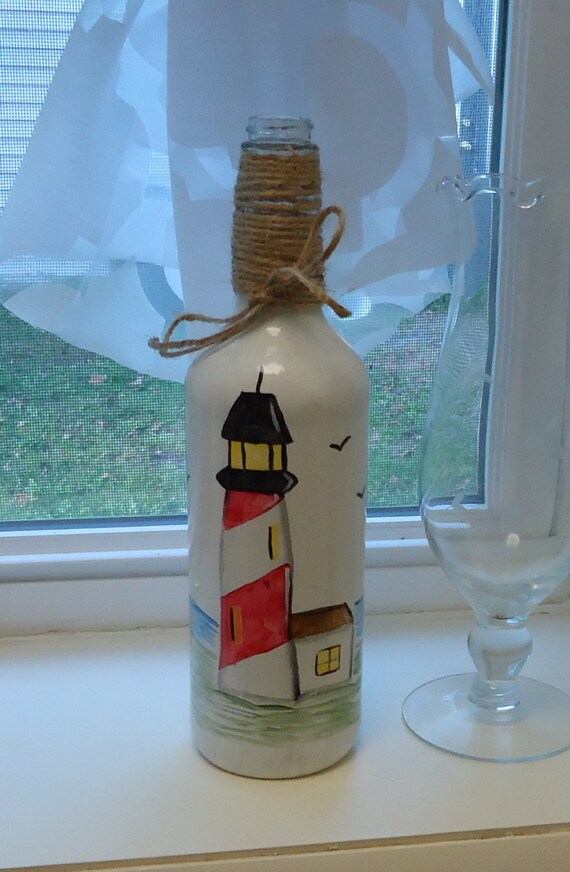 Painted wine bottle LIGHTHOUSE wine bottle lighthouse decor