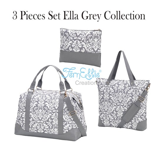 3 Pieces Set Monogrammed Ella Grey Weekender, Shoulder Bag, Cosmetic Bag-Zip Pouch, Travel Bags Set, Polyester With Vegan Leather Trim