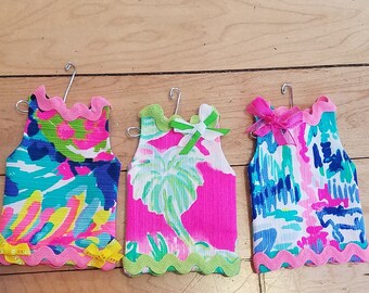 3 Shift Christmas Ornaments made with Lilly Pulitzer fabric